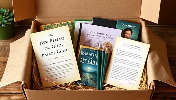 A beautifully designed literary subscription box filled with a new release book, premium writing tools, literary-themed merchandise, and a personalized writing prompt card, creating an enchanting and immersive experience for subscribers eager to explore new stories and creative inspiration.