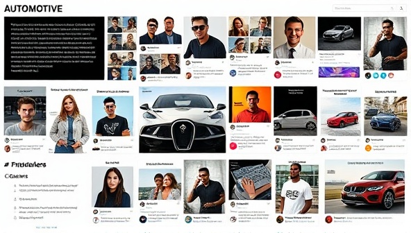 A digital mood board featuring a collage of automotive influencers, creators, and brand collaborations, with vibrant visuals, social media stats, and campaign snapshots, conveying a dynamic and engaging influencer ecosystem within the automotive industry.