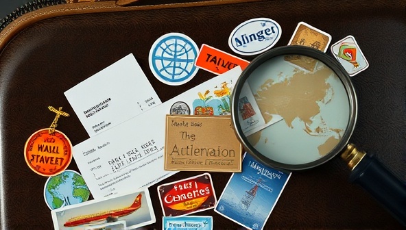 An intriguing and mysterious suitcase with travel stickers from around the world, a boarding pass peeking out, and a magnifying glass, symbolizing the element of mystery and adventure in the travel experience.