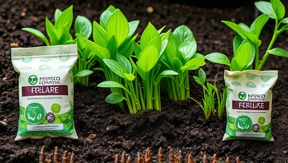 An eye-catching graphic featuring vibrant green plants thriving in nutrient-rich soil, surrounded by eco-friendly fertilizer packaging made from recycled materials, conveying the essence of sustainable plant care.