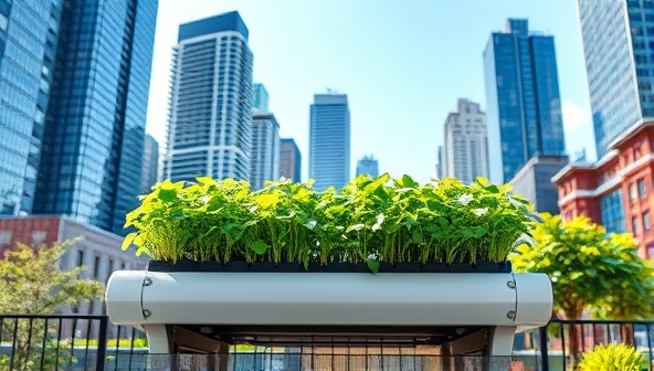 A vibrant urban setting with a modern, compact hydroponic system filled with lush microgreens, surrounded by city skyscrapers in the background, illustrating the fusion of nature and urban living.