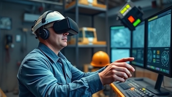 A mining professional wearing a VR headset immersed in a virtual mining training simulation, interacting with equipment controls and safety protocols, illustrating the engaging and educational experience of VRMine Training Solutions.