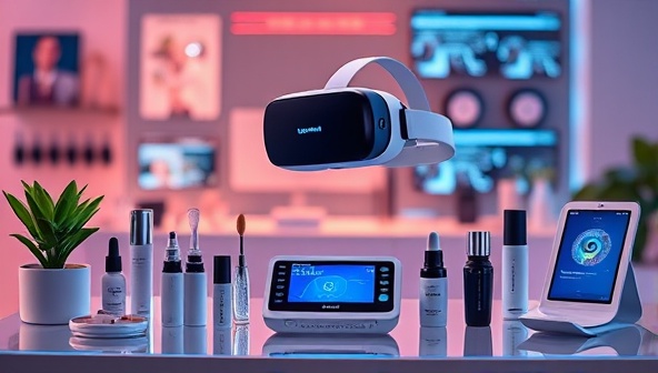 An innovative beauty tech consultancy setup featuring a virtual reality headset, digital beauty tools, and cutting-edge beauty tech devices displayed in a tech-savvy environment, symbolizing the intersection of beauty and technology in the digital age.