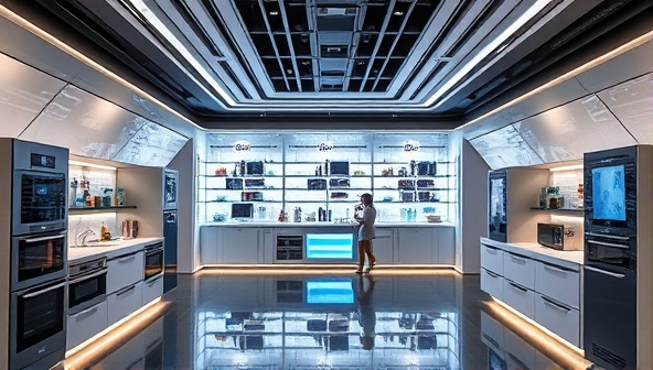 A futuristic store layout with sleek smart kitchen appliances on display, interactive touchscreens demonstrating product features, and knowledgeable staff assisting customers in exploring the latest culinary technologies, creating a high-tech and immersive shopping experience.