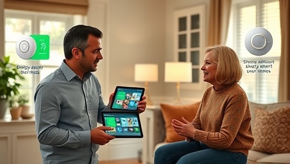 A home interior scene featuring a consultant discussing energy-efficient smart home upgrades with a homeowner, surrounded by digital tablets displaying energy-saving product options, smart thermostats, and LED lighting solutions, illustrating expertise and personalized service.