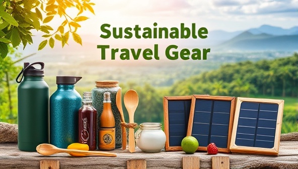 A vibrant and colorful image showcasing a variety of sustainable travel gear items such as reusable water bottles, bamboo utensils, and compact solar panels against a backdrop of lush greenery and serene landscapes, highlighting the eco-friendly essence of the business.