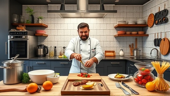 A virtual gourmet kitchen setup with professional cooking equipment, fresh ingredients, and culinary tools, featuring a celebrity chef guiding a cooking masterclass on a signature dish, inspiring culinary creativity and gourmet exploration.