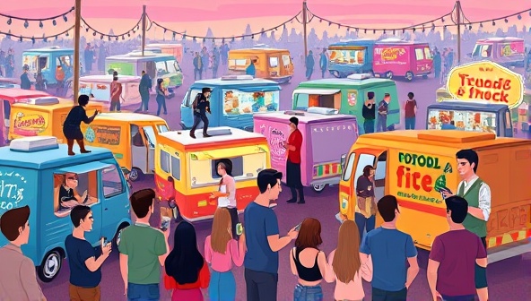 An animated illustration of a bustling virtual food truck rally, showcasing a variety of colorful trucks, people ordering food from their devices, and live entertainment performances in the background, creating a vibrant and lively atmosphere.