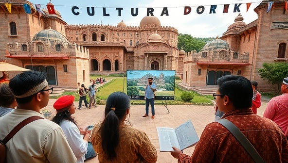An engaging virtual cultural tour scene with a guide leading participants through historic landmarks, cultural sites, and local traditions via live video streaming, surrounded by cultural artifacts, maps, and interactive elements, fostering a sense of exploration and connection to global cultures.