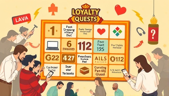 An engaging visual of a virtual game board with various challenges and rewards, surrounded by enthusiastic customers interacting with the gamified loyalty program on different devices, illustrating the excitement and engagement of Loyalty Quest's innovative approach.