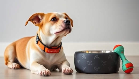 An adorable dog wearing a personalized 3D printed collar with its name engraved, sitting next to a custom-designed pet bowl and a playful toy, capturing the essence of pet pampering and personalization.