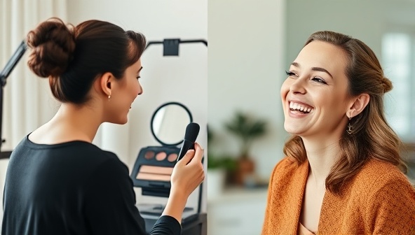 A split-screen view showcasing a makeup artist providing a virtual consultation to a client, with a makeup setup on one side and a client's delighted expression on the other, reflecting a seamless and personalized virtual beauty experience.