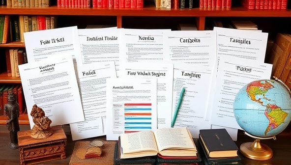 A diverse array of translated documents representing various industries and languages, neatly arranged on a desk alongside cultural artifacts, language dictionaries, and a globe, symbolizing the precision and global reach of niche content translation services.