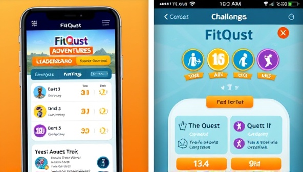A dynamic app interface showcasing FitQuest Adventures' leaderboard rankings, quest completion badges, and virtual challenges, with vibrant graphics, gamified elements, and a sense of competition and achievement that motivates users to level up their fitness game.