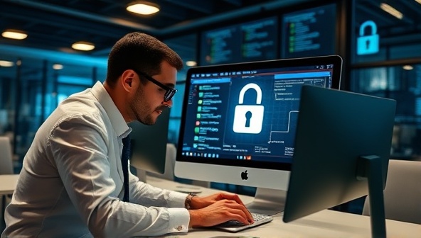 An image of a cybersecurity expert reviewing data encryption protocols on a computer screen in a secure office setting, symbolizing expertise in data privacy consulting and cybersecurity measures for telecom businesses.