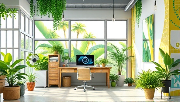 An artistic representation of a website design studio powered by renewable energy sources, with lush greenery and sustainable design elements integrated into the workspace, reflecting the eco-conscious ethos of GreenPixel Designs.