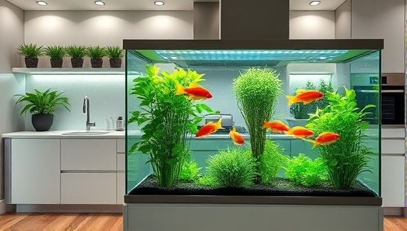 An elegant kitchen setting with a sleek aquaponic home garden unit, showcasing lush greenery and colorful fish swimming harmoniously, illustrating a modern and sustainable lifestyle choice.