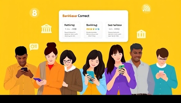 A digital illustration of a diverse group of individuals exploring the BankBazaar Connect platform on their devices, with banking icons, rate comparisons, and user reviews displayed in a visually appealing interface, symbolizing convenience and informed decision-making in banking product selection.