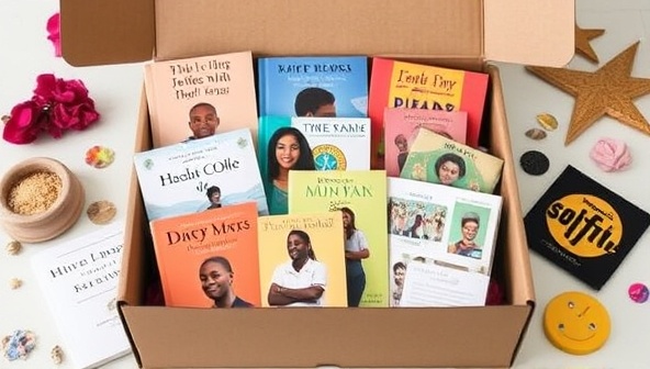 A diverse literary subscription box showcasing a collection of books, poems, and artwork by authors and artists from various backgrounds and cultures, accompanied by inclusive messaging and symbols of unity and diversity, evoking a sense of empowerment, representation, and cultural richness in storytelling.