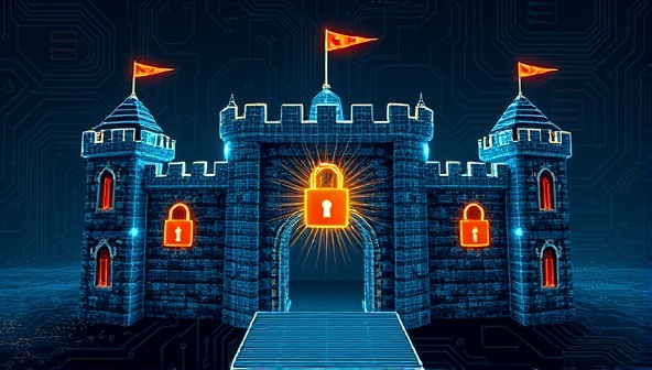A digital fortress symbolizing data security, with intricate locks, shields, and firewalls protecting sensitive information, conveying a sense of trust and protection in the digital realm.