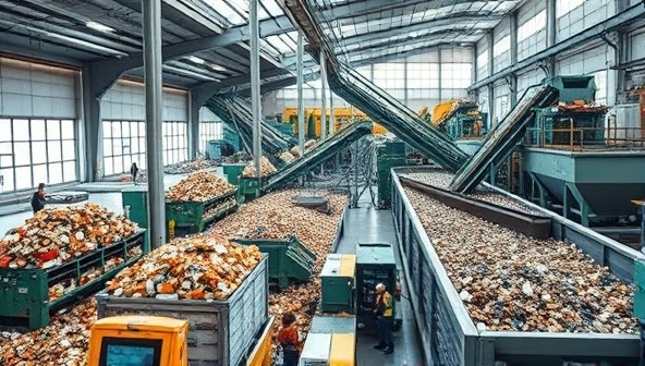 An image of a modern recycling facility processing mining waste materials, with conveyor belts, sorting machines, and workers managing the recycling process, illustrating the sustainable and eco-friendly practices of ReMine Solutions.