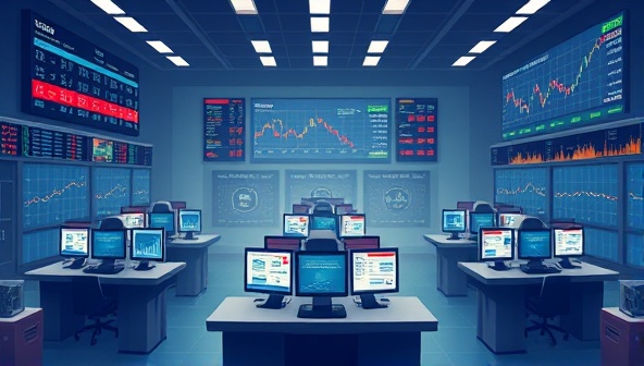 An illustrative scene depicting a virtual stock exchange with trading terminals, stock tickers, and graphs displaying market trends, conveying the interactive and educational aspects of StockSimulator Pro as a virtual stock market trading game.