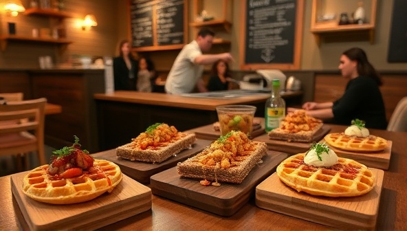 An inviting and cozy waffle bar setup with a variety of savory waffle dishes elegantly presented on wooden boards, garnished with fresh herbs and drizzles, with customers enjoying their customized savory waffle creations in a warm and welcoming atmosphere that exudes comfort and culinary delight.