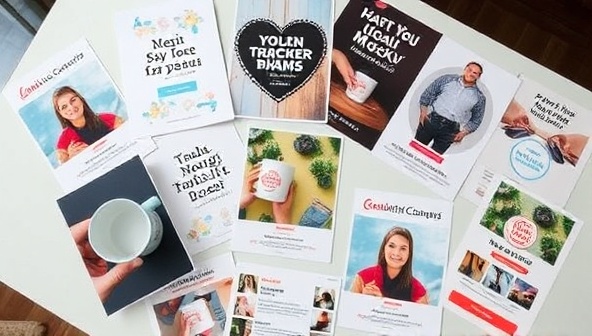 An array of personalized marketing materials spread out on a table, including branded mugs, posters, and social media mockups, reflecting creativity and local branding opportunities.