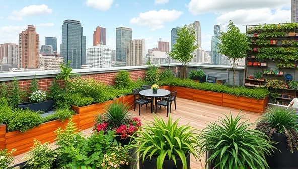 An urban rooftop garden oasis with a variety of plants, vertical planters, and seating areas surrounded by cityscape views, illustrating the harmonious blend of nature and urban living in a vibrant setting.