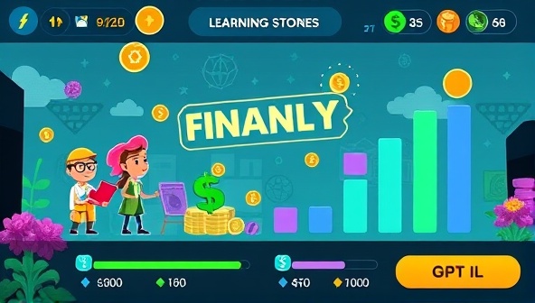 An exciting game interface with colorful graphics, avatars representing financial concepts, and progress bars tracking users' financial literacy levels, creating a visually stimulating and engaging learning environment within the app.