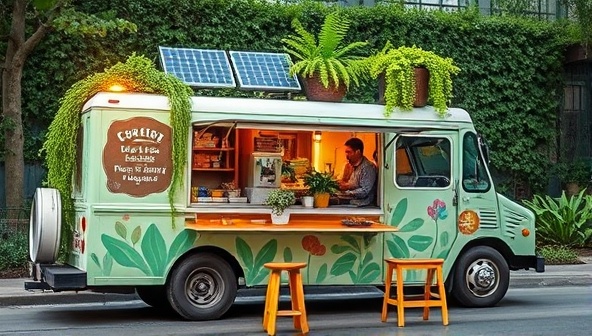 A vibrant food truck adorned with lush greenery, solar panels on the roof, and serving customers plant-based dishes in compostable packaging, showcasing a commitment to sustainability and eco-friendliness.