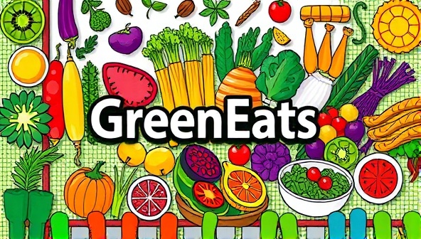 A vibrant digital illustration featuring a colorful array of fresh fruits, vegetables, and plant-based dishes arranged in an appetizing and visually appealing manner, symbolizing the healthy and delicious meal options offered by GreenEats Express, inviting users to savor nutritious plant-based cuisine.
