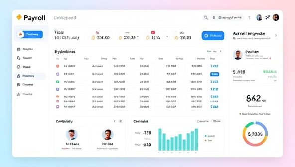 An engaging visual of a digital payroll dashboard displaying employee profiles, payment schedules, and tax calculations, with automated processing icons and efficiency metrics, symbolizing the seamless and accurate payroll management facilitated by PayrollPro's platform.