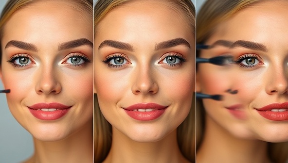 An engaging visualization of a virtual makeup try-on experience, showing a user's face transformed with different makeup looks, highlighting the realistic and interactive features of the AI-powered platform.