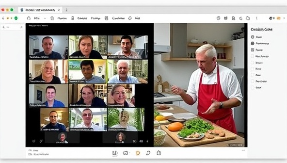 An online event screen displaying a virtual cooking class with participants actively engaged, ingredients neatly arranged, and a chef giving instructions, capturing the essence of community and learning.