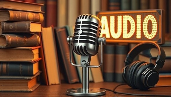 A retro microphone surrounded by vintage books, a pair of headphones, and a glowing recording sign, capturing the essence of storytelling through audio and evoking a sense of nostalgia and creativity.