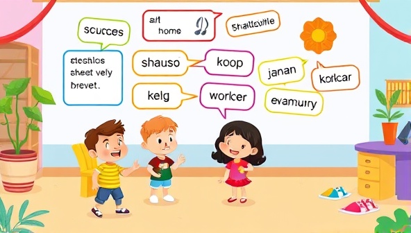 A colorful and interactive online language lesson featuring animated characters, engaging language exercises, and cheerful background music, capturing the essence of playful and effective language learning for kids.