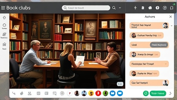 An interactive digital platform interface displaying a virtual book club meeting with authors and readers engaging in lively discussions, a bookshelf filled with diverse titles, and a chat feature for real-time interactions, fostering a sense of community and literary camaraderie.