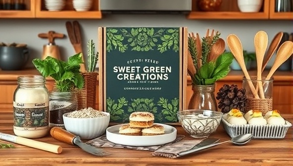 An artistic arrangement of plant-based dessert ingredients, baking tools, and finished vegan treats displayed on a wooden kitchen counter, radiating a sense of creativity, indulgence, and eco-consciousness associated with the Sweet Green Creations dessert recipe box.