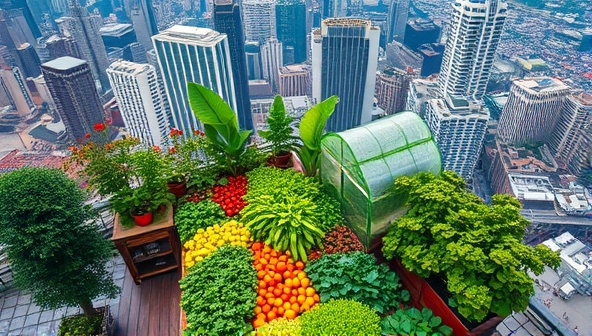 An aerial view of a vibrant rooftop garden filled with lush greenery, colorful vegetables, and a small greenhouse, set against the backdrop of a bustling urban skyline, illustrating the integration of agriculture into city landscapes.