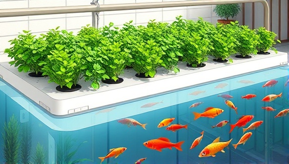 An artistic rendering of an aquaponic system with lush green herb beds floating above tanks of colorful fish, illustrating the harmonious relationship between plants and aquatic life in a sustainable farming environment.