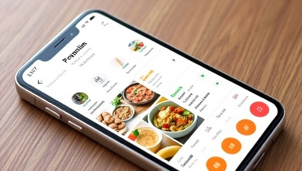An interactive smartphone screen displaying a personalized meal plan with colorful, nutritious dishes, a shopping list, and a progress tracker, illustrating convenience and customization in meal planning.