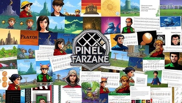 An artistic collage of game development assets such as character sprites, background designs, musical scores, and story outlines, symbolizing the creative collaboration and resource exchange facilitated by Pixel Forge Exchange, showcasing the variety and quality of assets available on the platform.