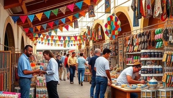 A vibrant and bustling marketplace scene with colorful artisan products on display, customers interacting with artisans, and a welcoming atmosphere that exudes creativity and community spirit.