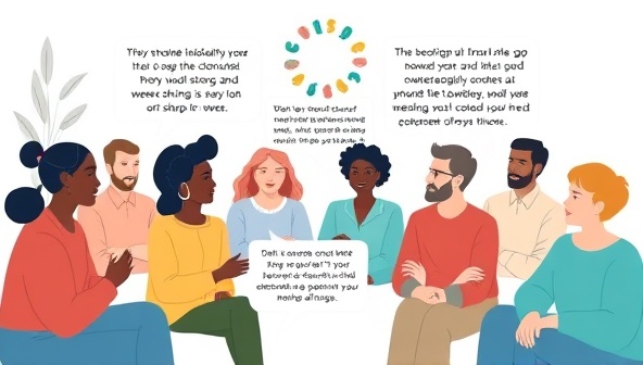 A compassionate virtual support group setting with diverse individuals sharing their stories and providing encouragement, surrounded by calming colors and symbols of mental well-being, creating a sense of solidarity and hope.
