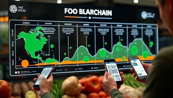An interactive blockchain platform interface displaying a transparent supply chain journey from farm to table, with real-time tracking information, QR codes on product labels, and consumers scanning codes on their smartphones to access detailed information, illustrating the seamless integration of technology in food transparency.