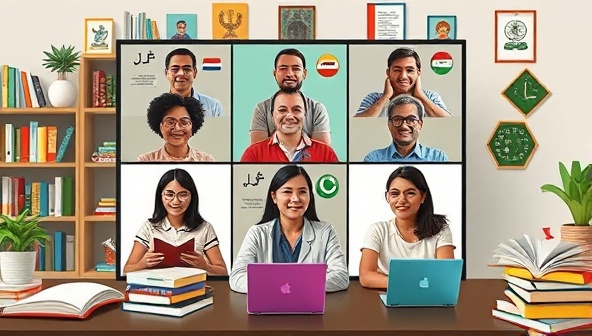 An engaging visual of a virtual language coaching session with a diverse group of learners interacting through video conference, with language books, cultural artifacts, and language learning resources in the background, showcasing the dynamic and interactive nature of LingoLeap Online coaching sessions.