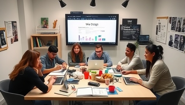 An online workshop setting with a diverse group of participants engaging in a DIY web design session, surrounded by laptops, design tools, and creative materials, reflecting the collaborative and educational atmosphere of DesignYourWeb's web design workshop platform.