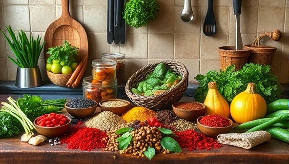 An enticing display of exotic spices, fresh produce, and culinary tools arranged on a rustic kitchen countertop, evoking the sensory delights and vibrant flavors of a global culinary adventure with TasteVentures.