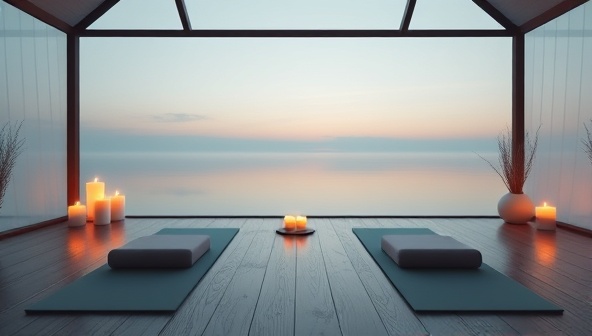 A serene virtual retreat setting with a tranquil background, yoga mats laid out for a session, candles flickering, and gentle nature sounds playing, creating a peaceful and immersive atmosphere for mindfulness practices and relaxation.